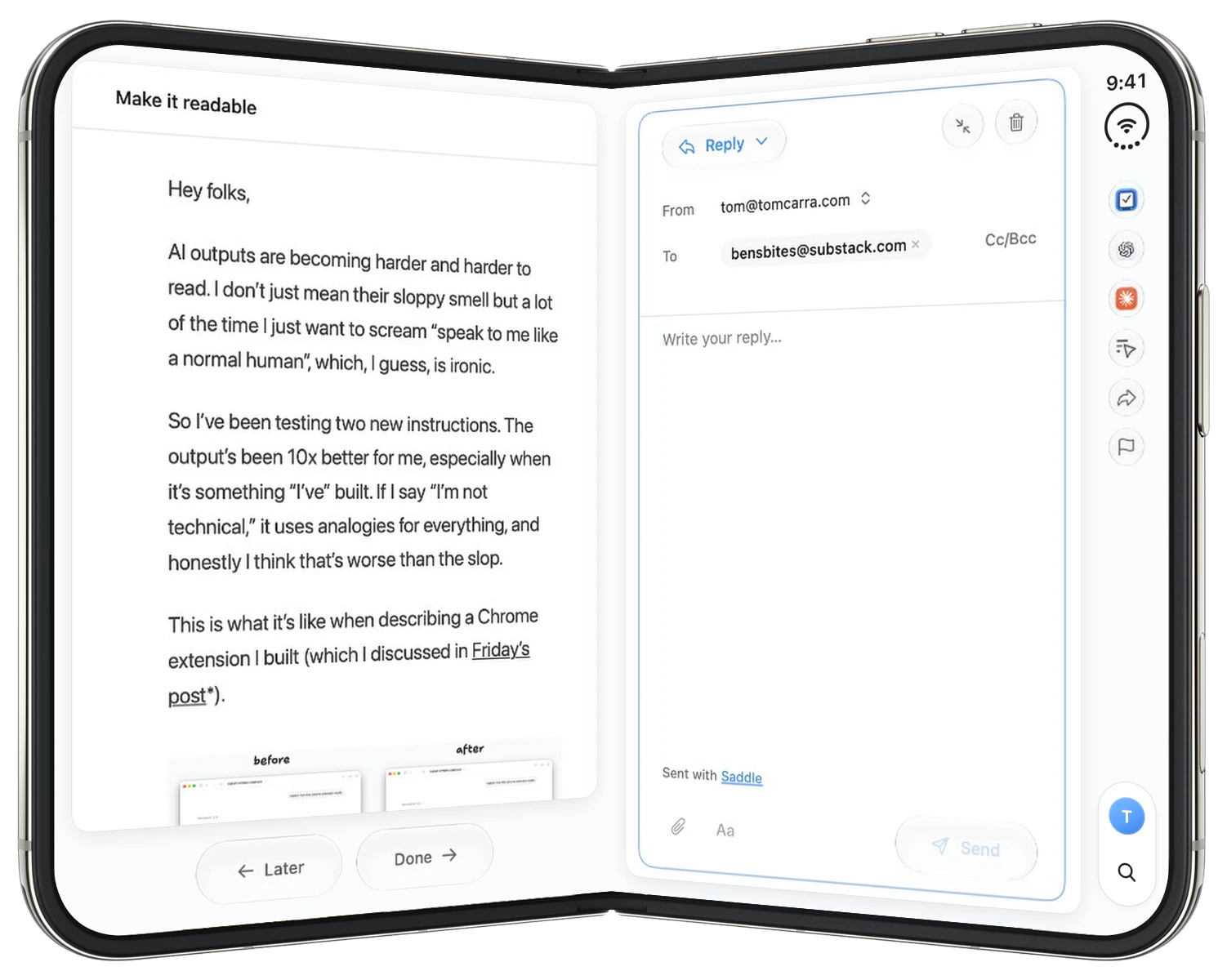 Saddle on iPhone Duo, open: an email on the left screen and a reply on the right
