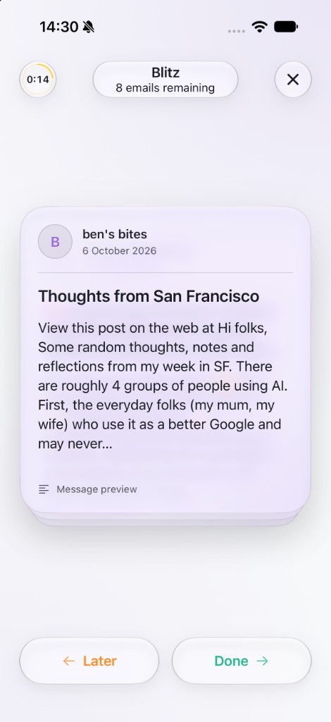 Saddle Blitz mode on iPhone: one email at a time, with Later and Done buttons