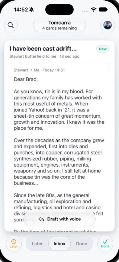 Saddle on iPhone showing the most important email first