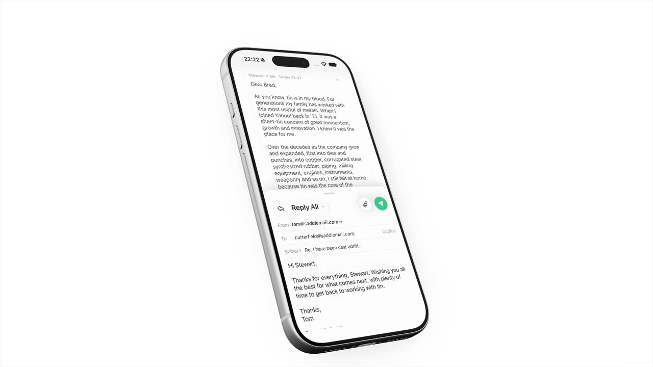 A reply to Stewart drafted with your voice in Saddle on iPhone, ready to send